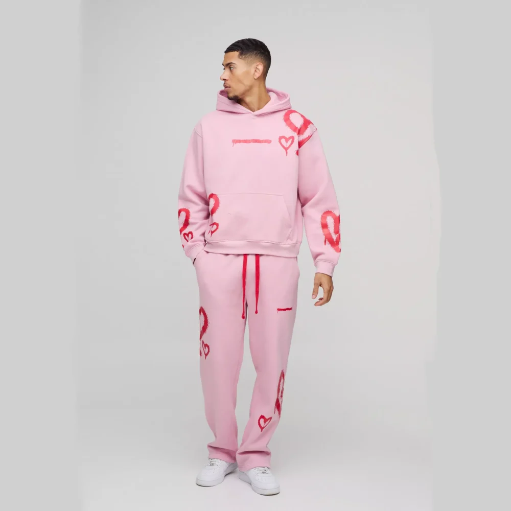 Oversized Boxy All Over Heart Printed Hooded Tracksuit